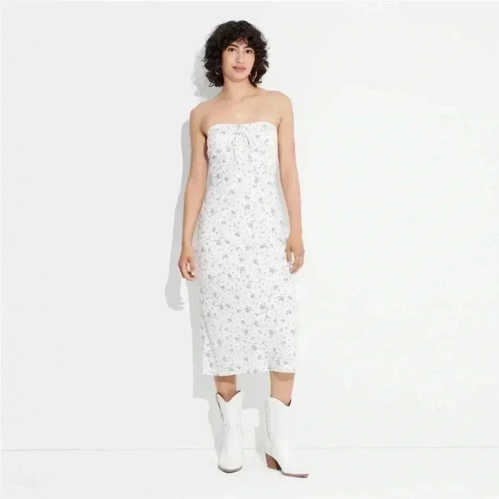 NWT Women's Linen Tube Corset‎ Bodycon Dress - Wild FableAqua Blue Floral